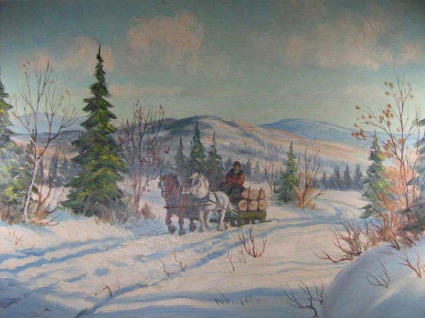 Joseph Bernard Canadian Quebec Logging Painting: Joseph Bernard (xx - xx) Winter Quebec logging scene Framed oil on masonite, signed. Condition: Good, surface dirt throughout Sight: 23 1/2" x 35 1/4" Frame: 32" x 43" x 3"