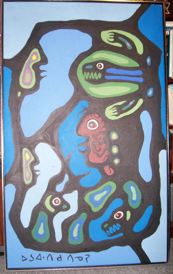 Norval Morrisseau Canadian Original Native Art: Norval Morrisseau, OC, RCA (1931 - 2007) Untitled Framed oil on canvas over stretcher. Signed in syllabics and on verso signed faintly in pencil. Empire Auctions label verso. Condition: Paint loss not