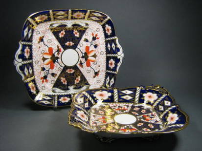 Royal Crown Derby Imari Serving Plates: Fine Royal Crown Derby "Imari" pattern porcelain serving plate and footed serving plate with acorn handles. 9". Good condition. Various manufacturers marks.