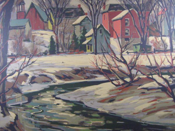 Tom Roberts Winter View Serigraph: Tom Roberts (Canadian 1909 - 1998) Winter View Framed Sampson Matthews serigraph, some bowing and overall yellowing. Sampson Matthews label verso. Sight: 19" x 26" Frame: 25" x 31" x 2"