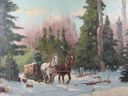 (bears signature) F.S. Coburn Logging Scene: (bears signature) F.S. (Frederick Simpson) Coburn (Canadian 1871 - 1960) Winter Logging Scene Framed oil on canvas, bears signature and date of (19)38 lower right. Good condition. Sight: 15 1/2" x 19