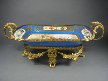 Sevres Neo Classical Glove Tray: A very fine Sevres Neo Classical porcelain and ormalou footed glove tray. Painted decoration. Painted mark under glaze and impressed R and numeral 12 to base. Minor gold paint missing, good condition.