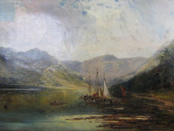 (attributed to) Samuel Bough Oil Painting: (attributed to) Samuel Bough (1822 - 1878) Sailboats at the Shore Framed oil on canvas, unsigned, artist name plaque affixed to frame. On verso Aitken Dott, Edinburgh Carver/Gilder label. Canvas stamp