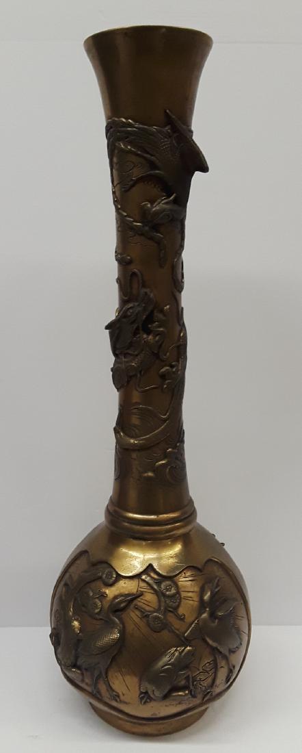 Beautiful Large Meiji Period High Relief Bronze Vase: Chop Mark Signed Piece, Depicting Birds and a very Powerful Dragon & Phoenix wrapping around the stem of the vase. 22" Tall