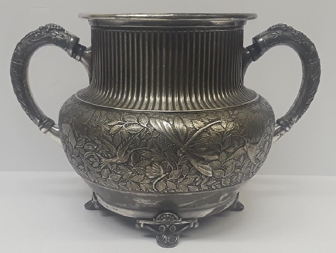 Antique Meriden Silverplate Floral Planter: 19th Century, Beautiful Piece, 7.75" x 12", With flowers, dragonflies, birds, and grapes