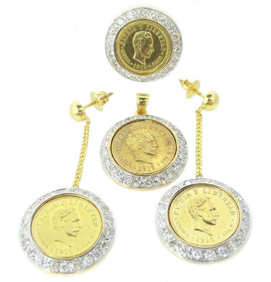 Cuba Gold Coin Coin And Diamond Suite: Patria Y Libertad Coin And Diamond Suite. This Suite Contains Earrings, Necklace Pendant And Earrings. approx 4.00 carat in diamonds. Clarity SI. H-I Color. Total Weight 20.7 grams. These coins have b