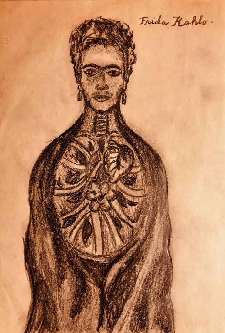 Frida Kahlo Mexican Self Portrait art drawing Signed (1 of 2)