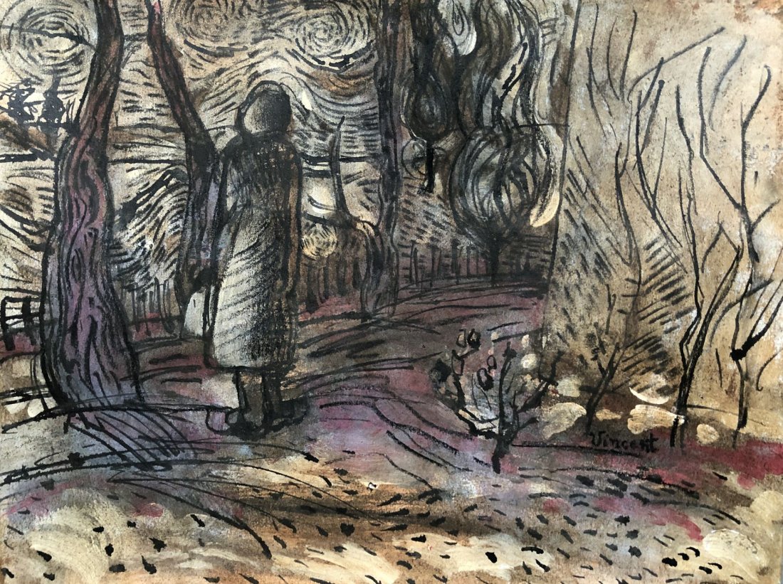 Vincent Van Gogh Impressionism Dutch Mixed Media: Vincent Van Gogh.Mixed media on hard paper10 1/2”x 14”Private collection Atribbuted to: Vincent Willem van Gogh (Dutch: 30 March 1853 - 29 July 1890) was a Dutch Post-Impressionist painter who is 
