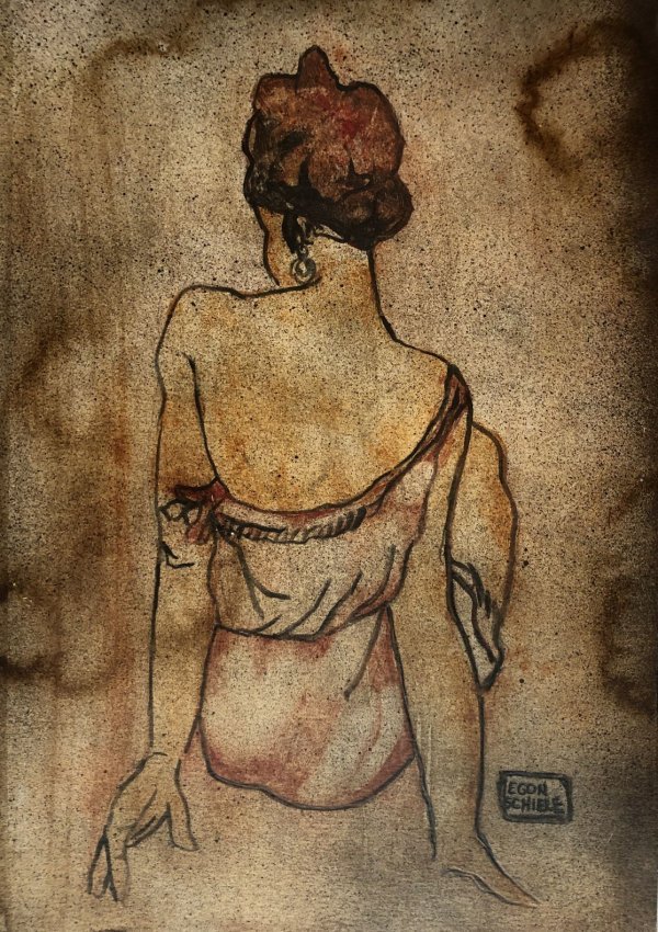 Egon Schiele Austrian Mixed Med.(1890-1918)(Attributed): This lot consists of a hand-painted mixed media on cardboard sketch. Image depicts a woman proud of her sexuality as its usual in Egons works. She has her hair tied and is sitting down lying on her ha