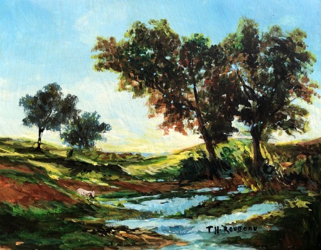 Theodore Rousseau French Landscape (1812-1867)Attribut: This lot consists of a vibrant impressionist landscape hand-painted in mixed media on cardboard. This landscape depicts the French country with two big conifers on the right side of the painting and t