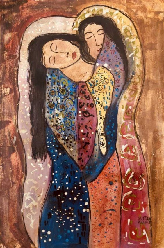 Gustav Klimt Mixed Media Austria (1862-1918)(Manner Of): This lot consists of a small, hand-painted mixed media on hard paper illustration in the manner of Gustav Klimt. Image depicts a sleeping loving couple in an orange and reddish background. Symbols can