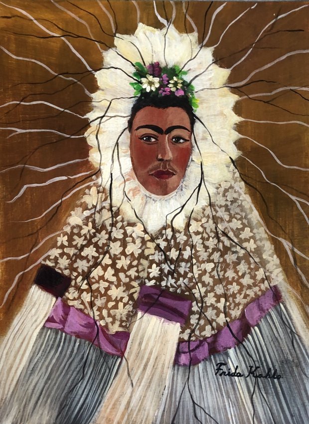 Frida Kahlo Mixed Media Portrait Mexican Attributed: This work consists of a hand-painted mixed media on cardboard illustration 12 in x 9in. Image depicts a woman of farfetched beauty, glowing brasses, with dark painted lips, and dark, glistening eyes. 
