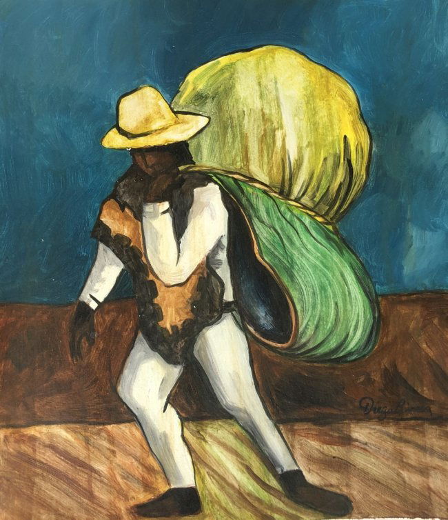 Diego Rivera Campesino Mixed Media Mexican Muralist: This lot consists of a hand-painted mixed media on board illustration. Image depicts an ordinary Mexican man wearing a farmer hat doing the arduous job of the day. Attributed to the distinct Diego Riv