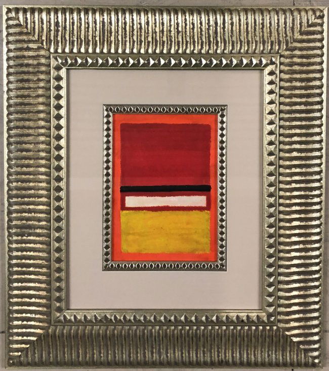 Mark Rothko Abstract American Russian Attributed: This work consists of a framed, hand-painted mixed media on paper over cardboard illustration (8.25 in x 11.5 in). Image depicts soft, rectangular forms floating on a stained field of color. This pain