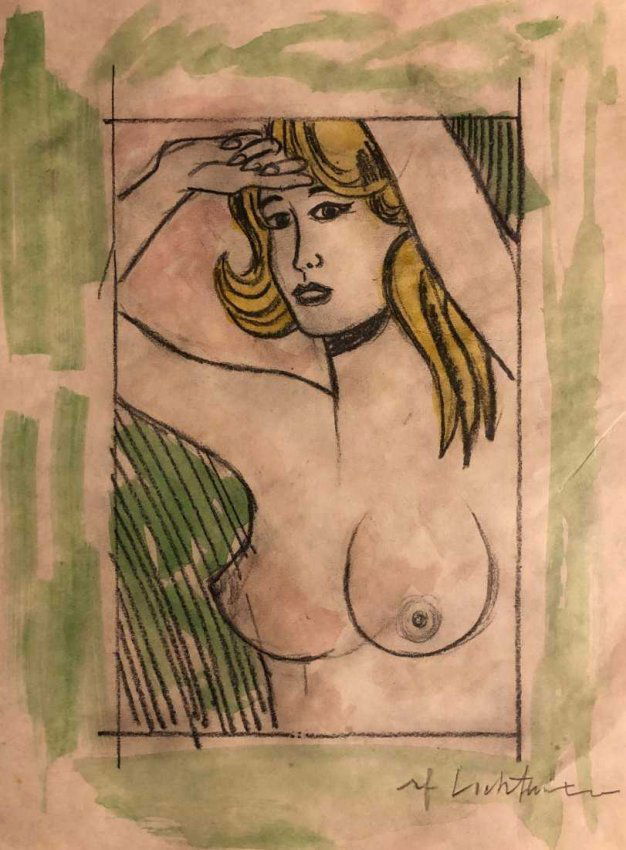 Roy Lichtenstein Watercolor Drawing Woman Port. Attribu: This work consists of a framed, small hand-drawn watercolor drawing on paper. It depicts a portrait of a blonde woman in a cartoon style with her breasts out over what appears to be a window. 10.5 in