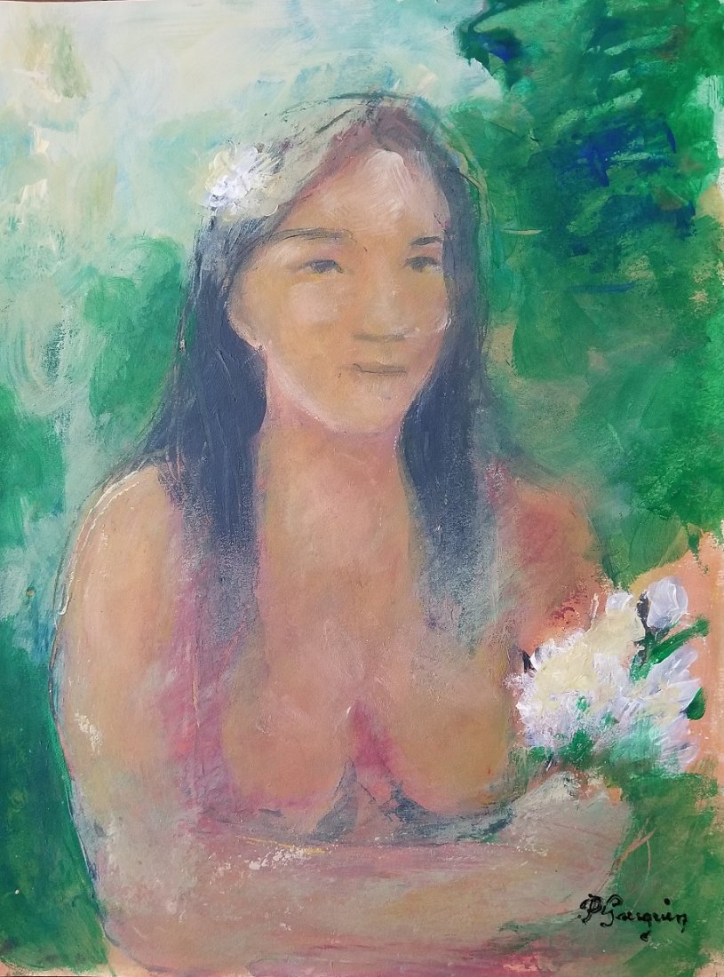 Paul Gauguin French Art Portrait Women Attributed: This lot consists of a small, hand-painted mixed media on paper portrait of a women with flowers attributed to Paul Gauguin (French 7 June 1848 - 8 May 1903) was a French post-Impressionist artist. Un
