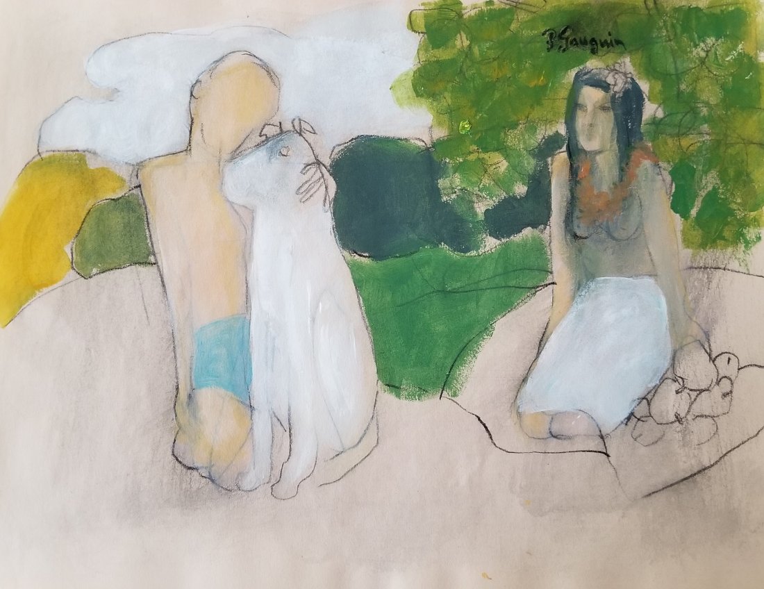 Paul Gauguin French Art Landscape Dog Women Attributed: This lot consists of a hand painted mixed media on paper attributed to Paul Gauguin (French 7 June 1848 Â– 8 May 1903) was a French post-Impressionist artist. Unappreciated until after his death, G
