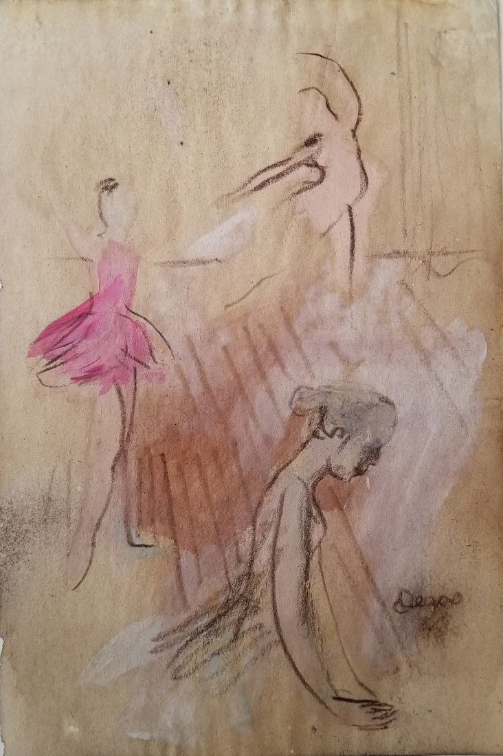 Edgard Degas Dancers Ballerinas French Attrib.: This lot consists of, hand painted mixed media on paper Dancers composition in small colorful format attributed to Edgar Degas born Hilaire-Germain-Edgar De Gas, (French: 19 July 1834 – 27 September