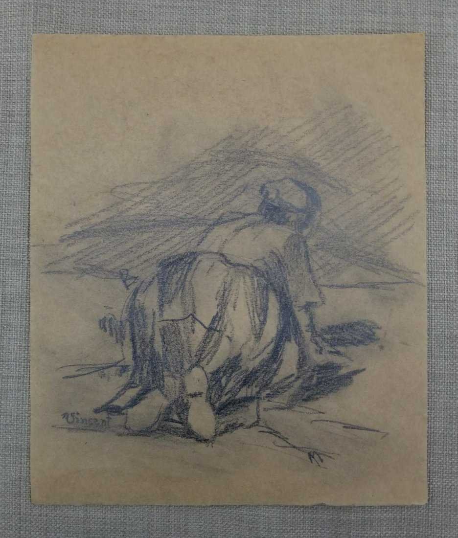 Vincent Van Gogh Women Landscape Drawing Attributed: This lot consists of a small, hand-painted graphite on paper attributed to: Vincent Willem van Gogh (Dutch, 1853 -1890). The image depicts a commoner working on the field as it was common with this po