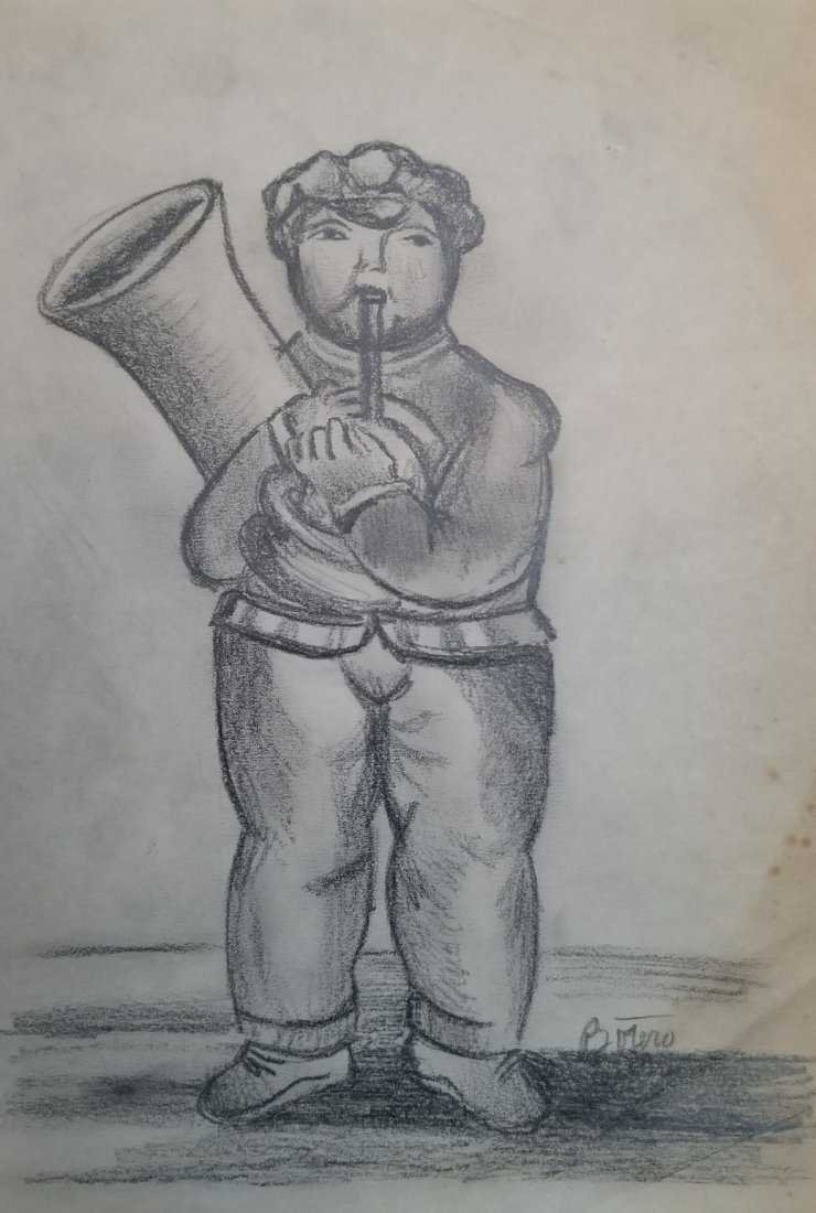 Fernando Botero Drawing Colombian Graphite Musician Att: This lot consists of a hand-drawn graphite on paper attributed to: Fernando Botero Angulo (born 19 April 1932) is a Colombian figurative artist and sculptor. Born in Medellin, his signature style, als