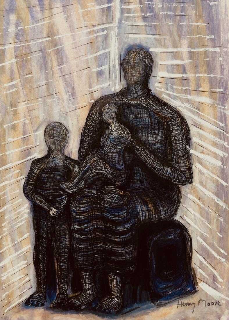 Henry Moore Mixed Media Maternity Attrib (1898-1986): This lot consists of a hand-painted maternity mixed media on paper attributed to Henry Spencer Moore OM CH FBA (30 July 1898 - 31 August 1986) was an English sculptor and artist. He was best known for