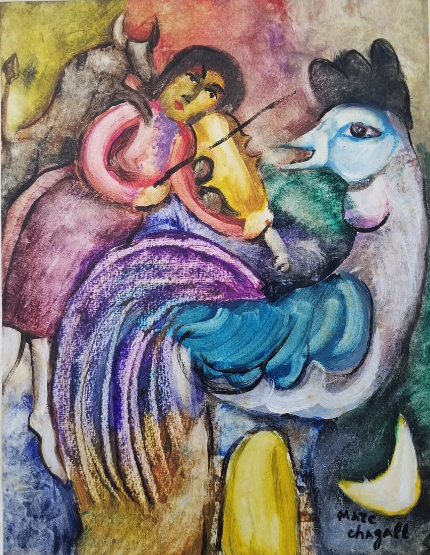 Marc Chagall Russian French Abstract Figurative Attrib: This lot consists of a hand-painted ink and mixed media on paper attributed to Marc Zakharovich Chagall was a Russian-French artist of Belarusian Jewish origin. An early modernist, he was associated w