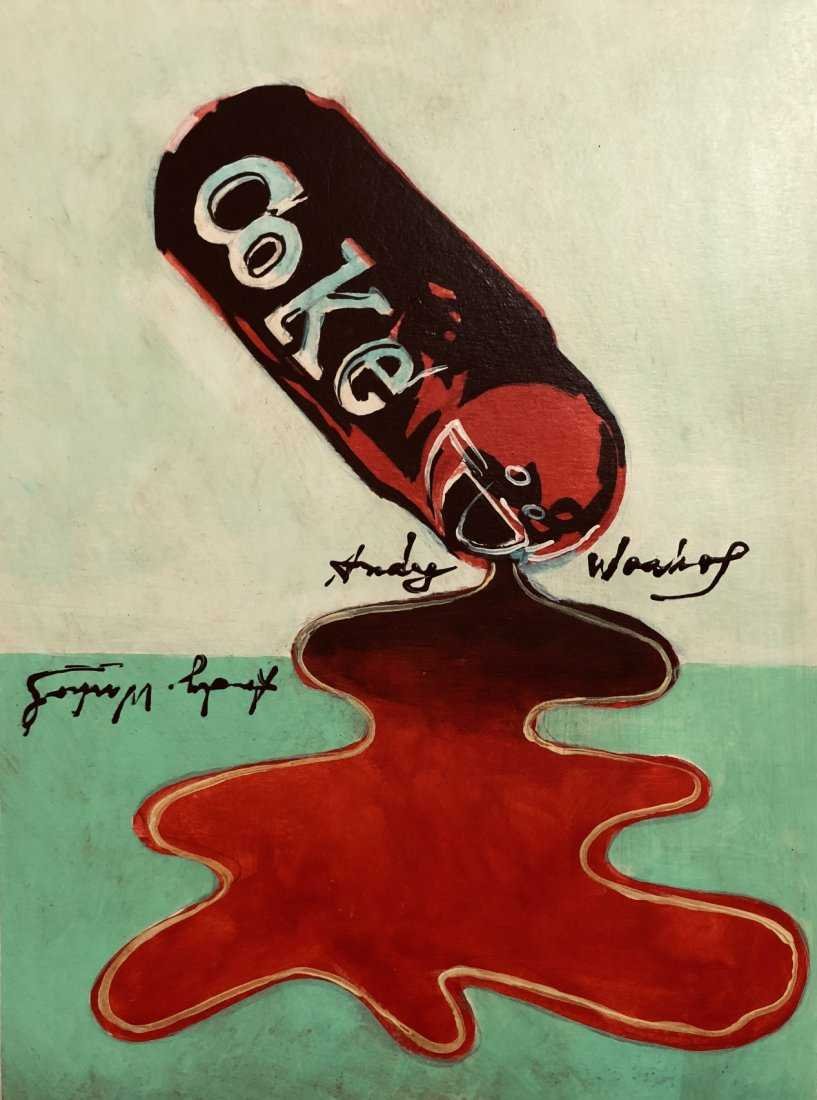 Andy Warhol American Pop Art Coca Cola American Attrib.: This lot consists of a hand-painted mixed media Coca Cola pop art with colorful vibrant colors such as red , green and black. Painting is attributed to : Andy Warhol: born Andrew Warhola; August 6, 19