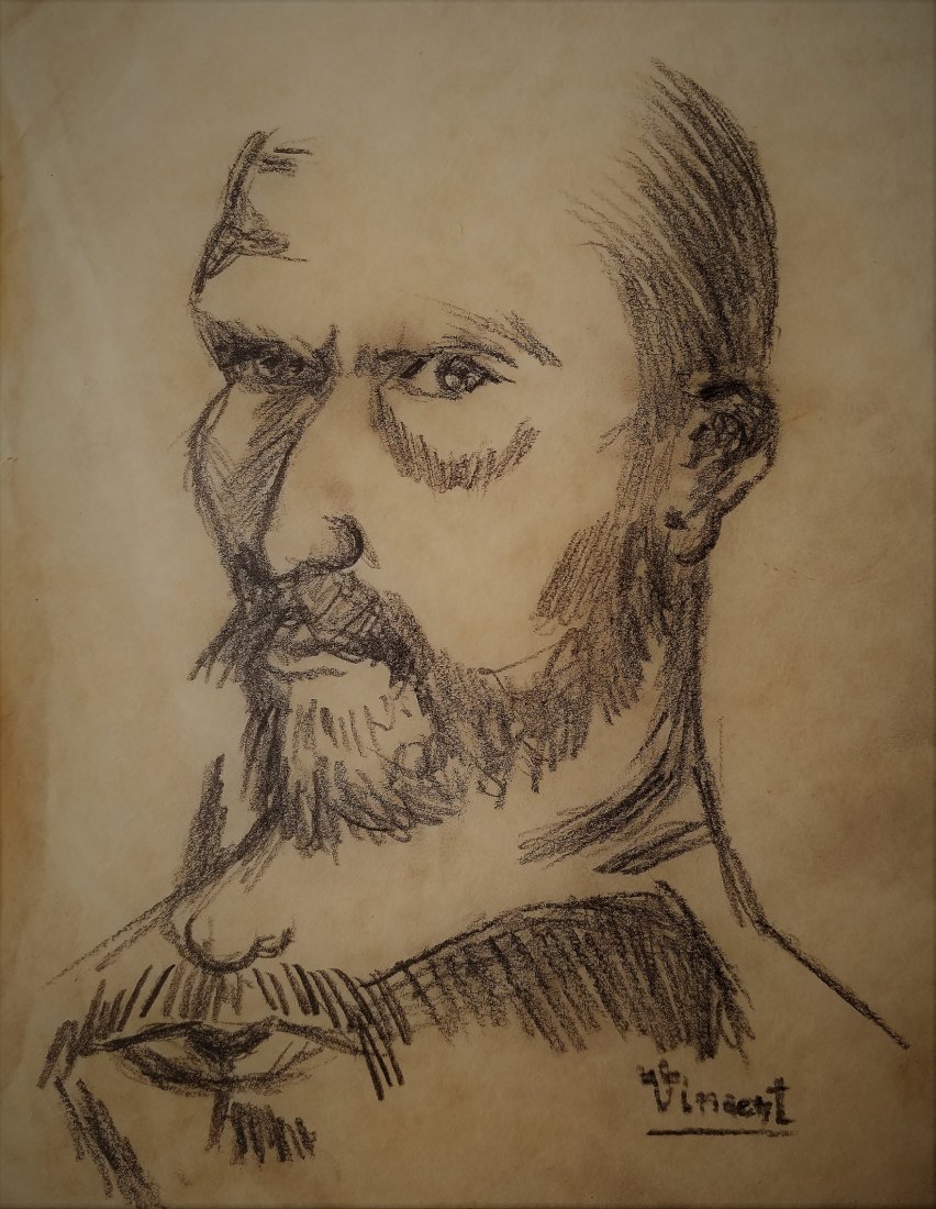 Vincent Van Gogh Self Portrait Dutch Post Impressionist: This lot consists of a hand-drawn graphite pencil portrait on paper. It depicts a man that looks like the artist himself as it was usual. Self portrait attributed to: Vincent Van Gogh (Dutch: 30 March