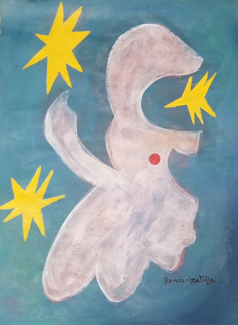 Henri Matisse French Abstract Figurative Attrib.: This lot consists of a vibrant hand-painted mixed media on hard paper illustration. The image depicts an abstract figurative object over magical blue background. This attributed painting is done in th