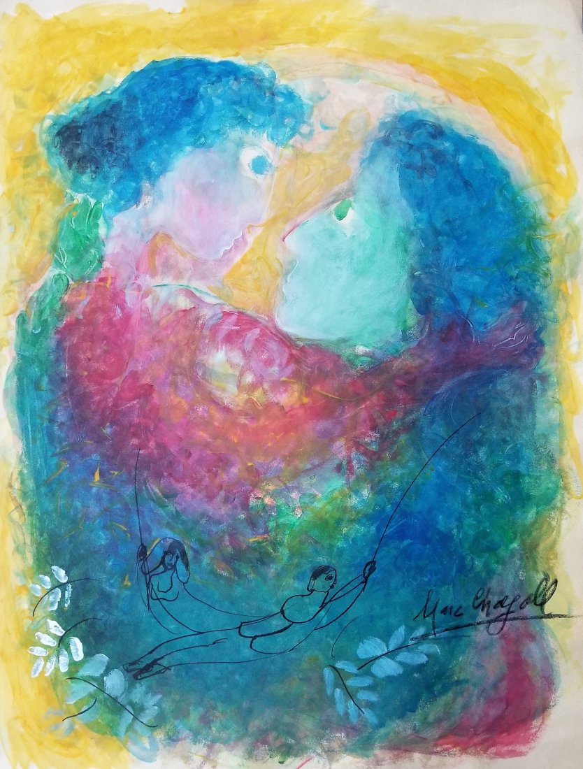 Marc Chagall Russian French Abstract Le Couple Attrib.: This lot consists of a large, hand-painted mixed media on paper. Vibrant colorful couple painting attributed to Marc Zakharovich Chagall was a Russian-French artist of Belarusian Jewish origin. An ear