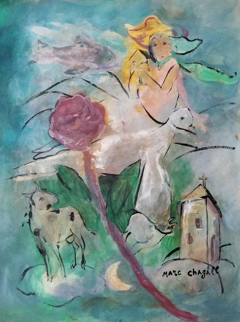 Marc Chagall Russian French Abstract Figurative Attrib: This lot consists of a large, hand-painted mixed media on paper attributed to Marc Zakharovich Chagall was a Russian-French artist of Belarusian Jewish origin. An early modernist, he was associated wi