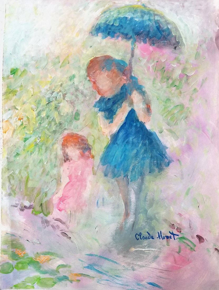 Claude Monet Landscape Impressionism French Attributed.: This lot consists of hand-painted impressionist landscape mixed media on hard paper attributed to Oscar Monet (French, 1840-1926). The image depicts a young lady and a girl painted in a background of