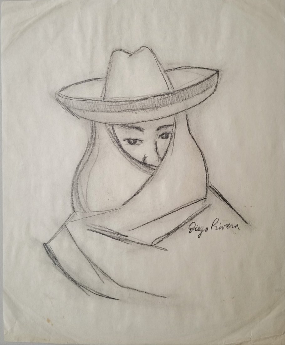 Diego Rivera Mexican Drawing Campesino Sombrero: This lot consists of hand-drawn graphite on paper attributed to Diego Rivera (Mexican, 1886-1957.Diego Maria de la Concepcion Juan Nepomuceno Estanislao de la Rivera y Barrientos Acosta y Rodriguez, k