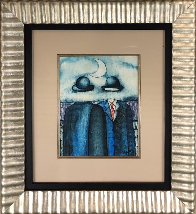 Rene Magritte Belgian Surrealism Art Portrait Man: This lot consists of a small, hand-painted mixed media on paper attributed to :Rene Franois Ghislain Magritte (21 November 1898 -15 August 1967) was a Belgian surrealist artist. He became well known f