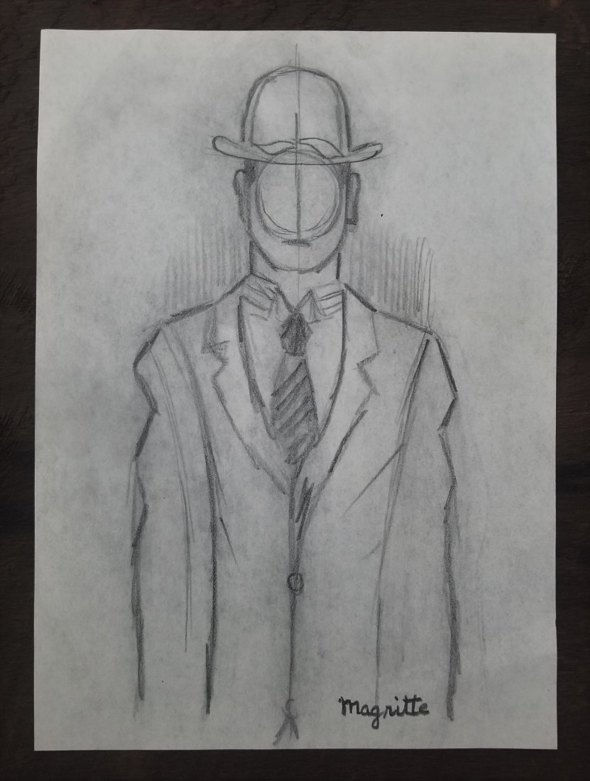 Rene Magritte Belgian Surrealism Drawing Man Attributed: This lot consists of a small, hand-drawn graphite on paper surrealism male with hat attributed to Rene Franois Ghislain Magritte (21 November 1898 -15 August 1967) was a Belgian surrealist artist. He 
