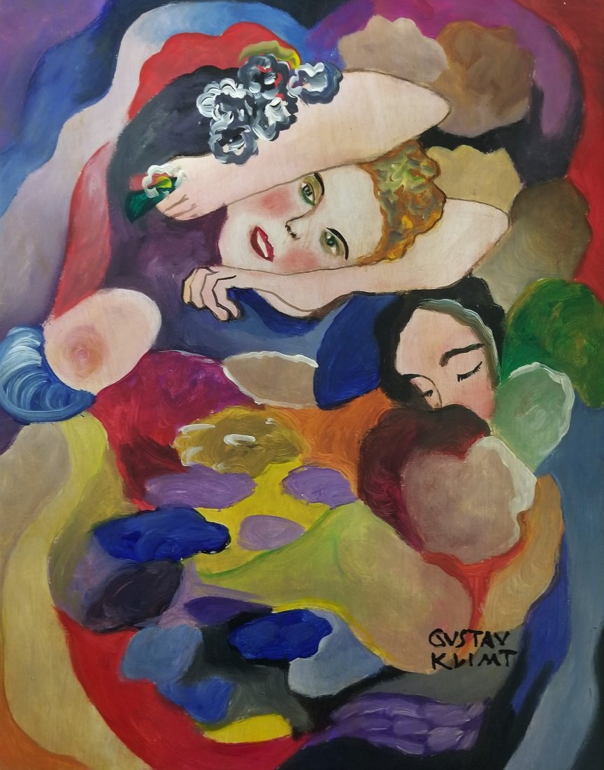Gustav Klimt Mixed Media Austria Attrib.Women: This lot consists of a small, hand-painted mixed media on hard paper in the manner of Gustav Klimt (Austrian. 1862-1918) was an Austrian symbolist painter and one of the most prominent members of the 