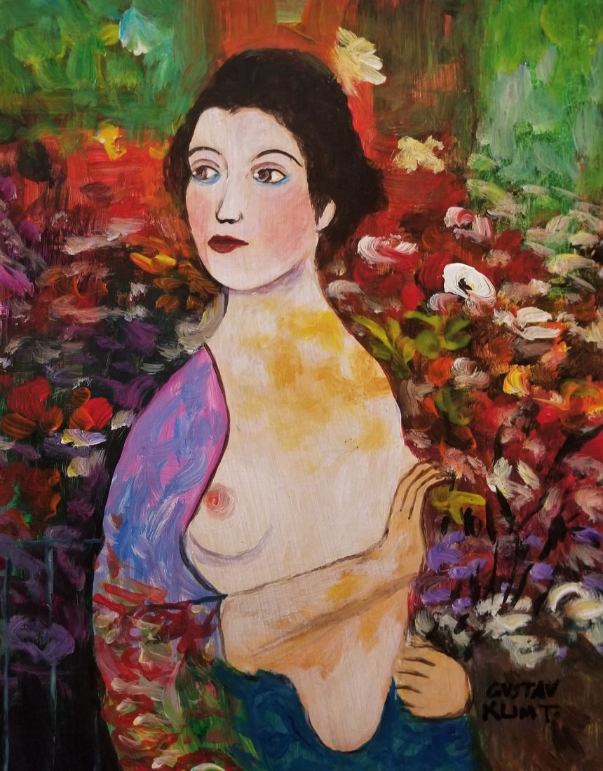 Gustav Klimt Mixed Media Austria Attrib.Female: This lot consists of a small, hand-painted mixed media on hard paper illustration in the manner of Gustav Klimt (Austrian. 1862-1918) was an Austrian symbolist painter and one of the most prominent me