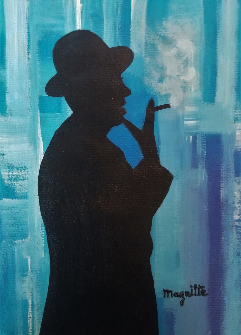 Rene Magritte Belgian Surrealism Hand-Painted Attribute: This lot consists of a hand-painted surrealism man mixed media on paper attributed to Rene Magritte. The image depicts a shadowed smoking man over a bright background. Rene Franois Ghislain Magritte (