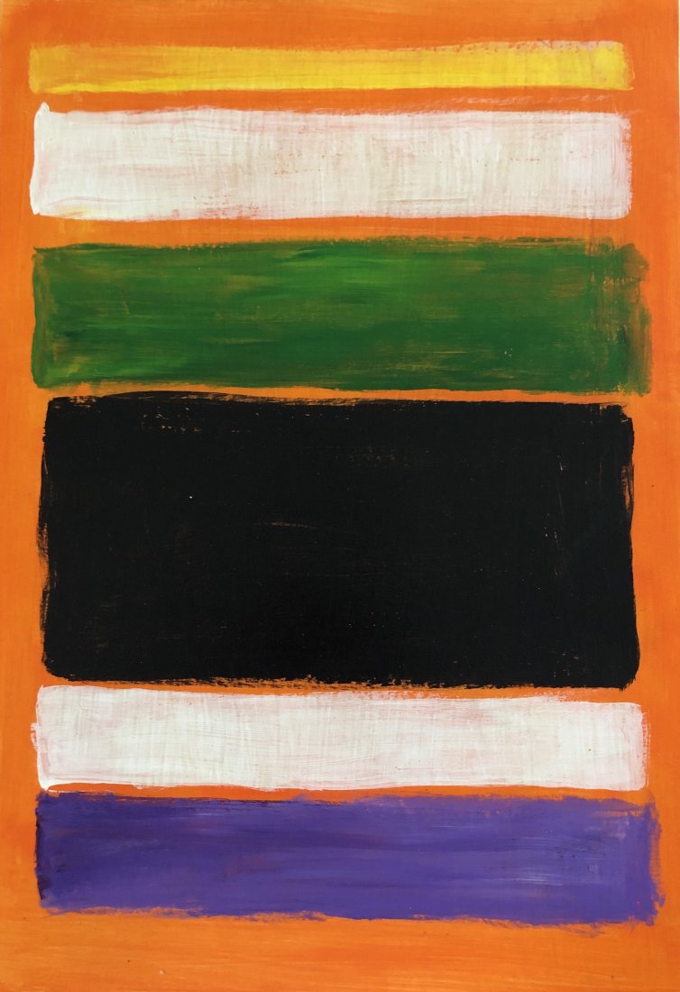 Mark Rothko Abstract American Russian Attributed: This work consists of a framed, hand-painted mixed media on paper over cardboard illustration (10.25 in x 15in). Image depicts soft, rectangular forms floating on a stained field of color. This painti