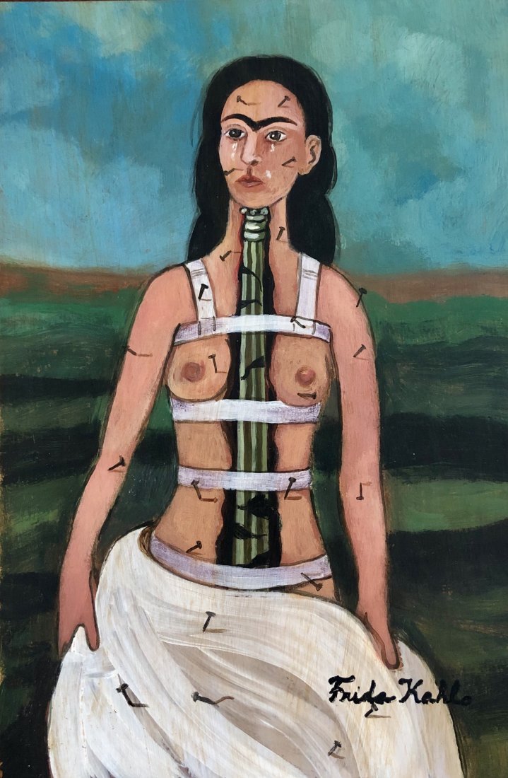 Frida Kahlo Mixed Media Mexican Attributed (1907-1954): This work consists of a hand-painted mixed media on paper illustration 7.5 in x 11 in attributed to Frida Kahlo (Mexican, 1907-1954). Frida Kahlo de Rivera was a Mexican painter known for her self-por