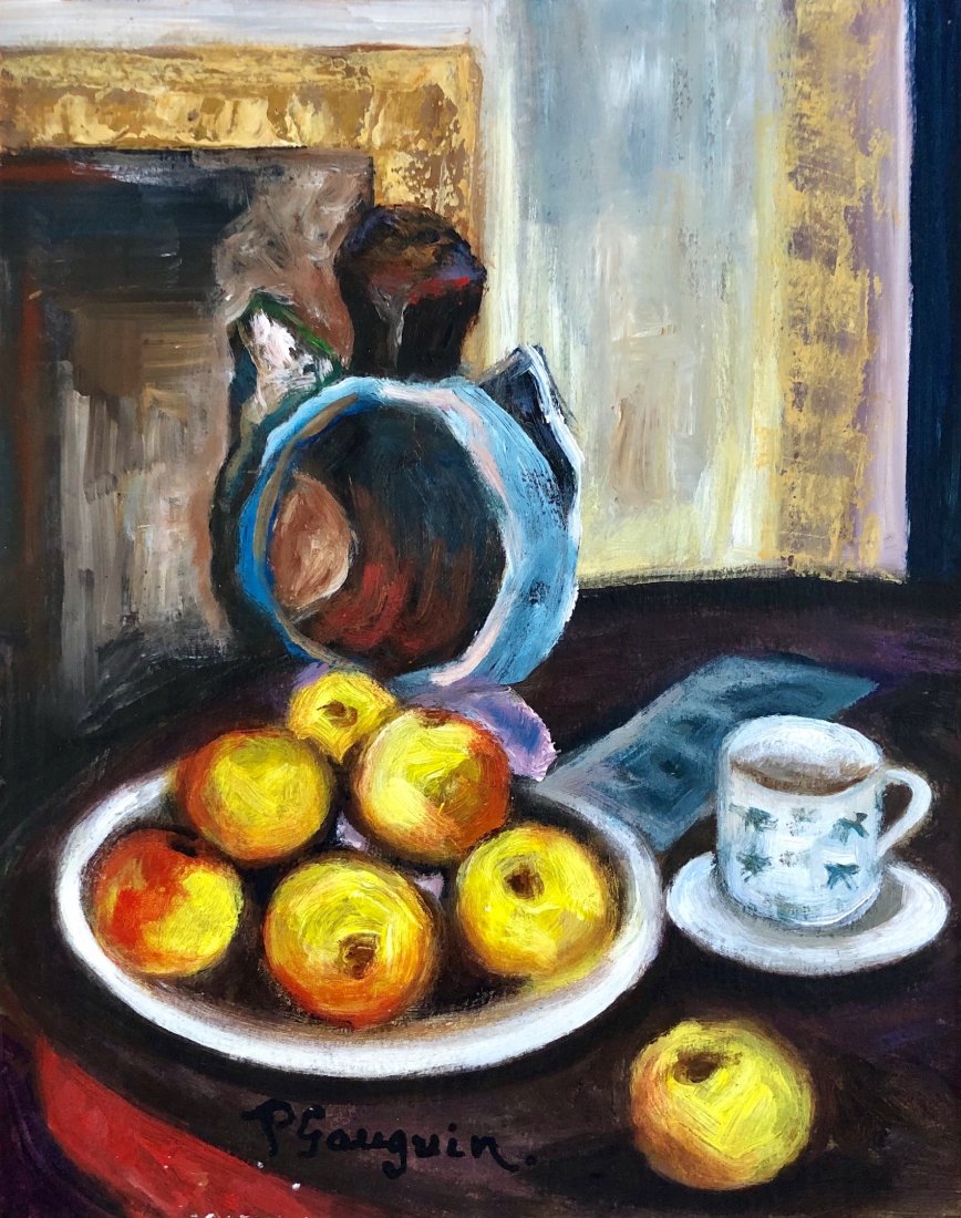 Paul Gauguin French Art Still life French (1848-1903): This lot consists of a small, hand-painted mixed media on hard paper still life illustration. It depicts a beautiful impressionist still life in Gauguin's distinct style. Attributed Painting to: enri 