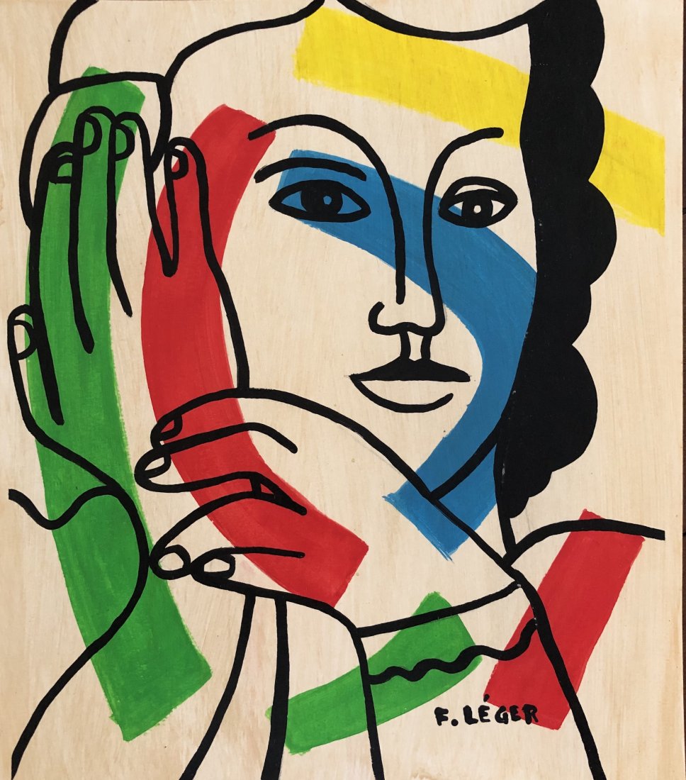 Fernand Leger French Art Attributed (1881-1955): This lot consists of a small, hand painted mixed media on hard paper illustration attributed to Fernand Leger (French, 1881-1955). Leger was a French painter, sculptor, and filmmaker. In his early wor
