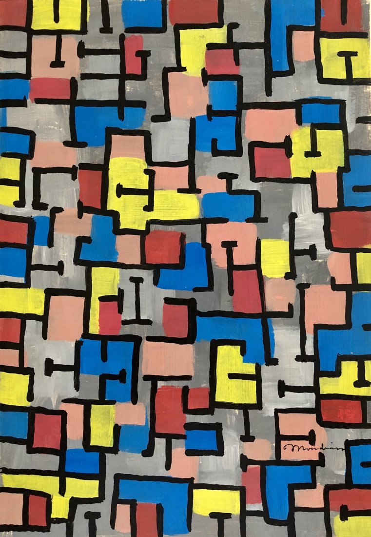 PM Piet Mondrian Mixed Media Dutch Attributed: This lot consists of a small, hand painted mixed media on paper attributed to Piet Mondrian (American, 1960-1988). This unusual work spans no less than 10.5" x 15" approximately. This work is a demons