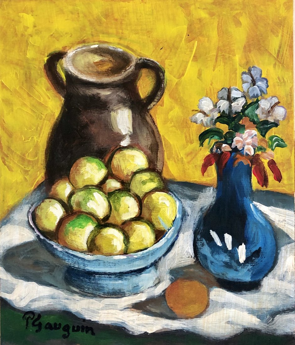 Paul Gauguin French Art Still life French(1848-1903): This lot consists of a small, hand-painted mixed media on hard paper still life illustration. It depicts a beautiful impressionist still life in Gauguin's distinct style. Attributed Painting to: Henri