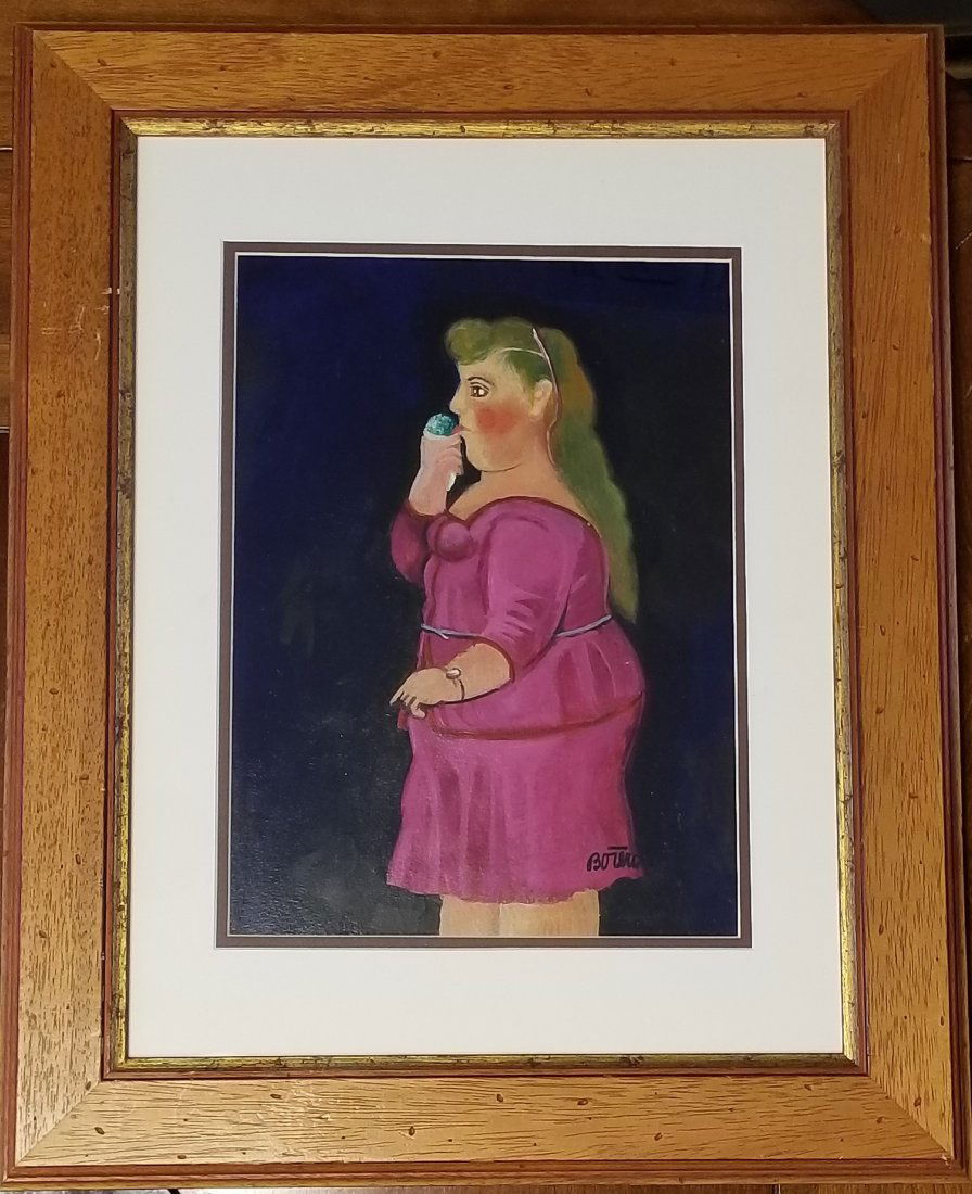 Fernando Botero Drawing Colombian Mixed Media -Style of: This lot consists of a hand painted mixed media on paper in the style of Fernando Botero. The illustration depicts a woman in the popular "boterismo" style which consists of people and figures in larg