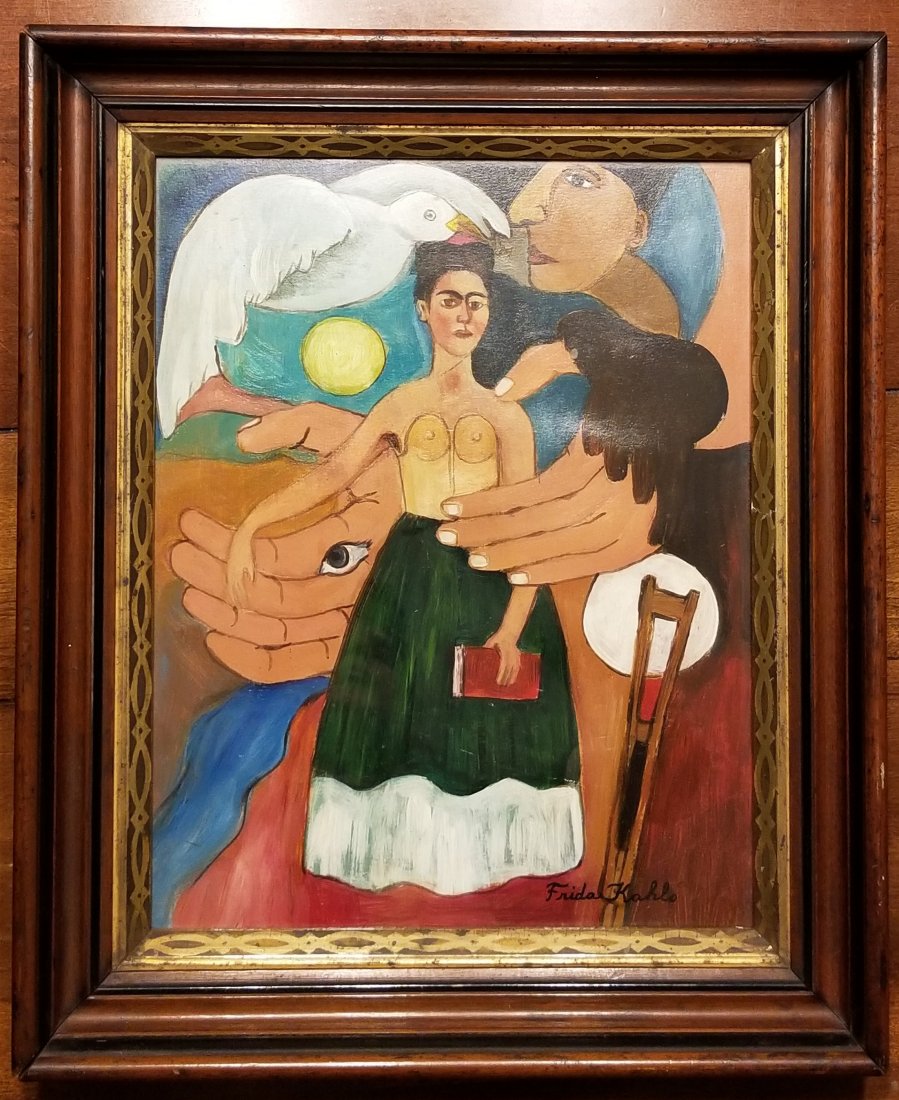 Frida Kahlo Hand Painted Mexican (1907-1950) - Style of: This lot consists of a hand painted mixed media on hard paper in the naïve folk style of Frida Kahlo. Frida Kahlo de Rivera was a Mexican painter known for her self-portraits. Kahlo\'s life began and