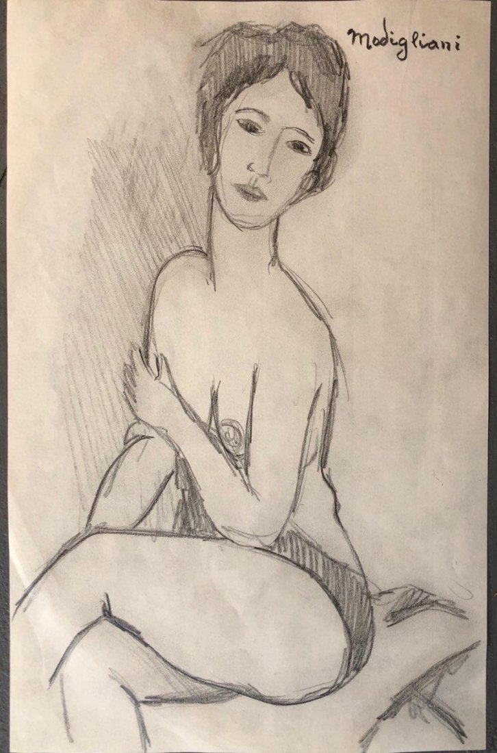 Amedeo Modigliani Drawing Woman Style of (1884-1920): This lot consists of a hand drawn graphite on paper in the style of Amedeo Modigliani. It depicts a woman sitting down. Amadeo Modigliani (July 1884 - 24 January 1920) was an Italian Jewish painter an