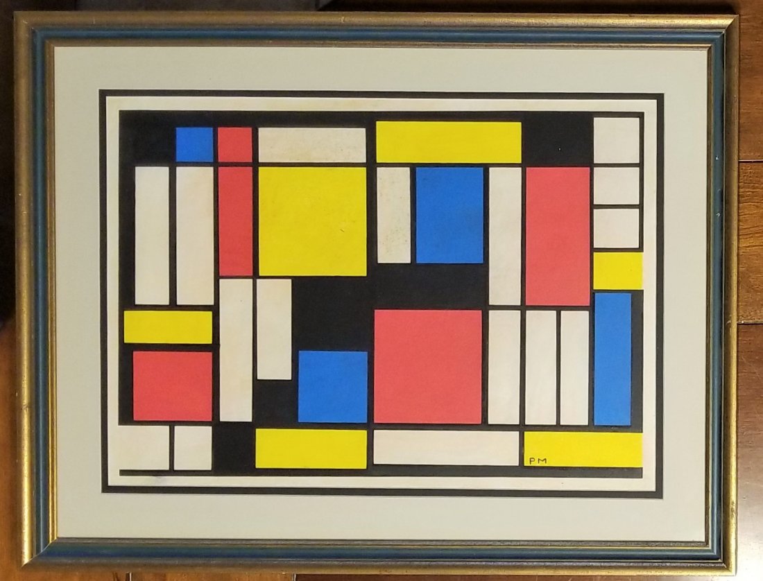 PM Piet Mondrian hand painted Dutch Style of: This lot consists of a hand painted mixed media on paper in the style of Piet Mondrian (American, 1960-1988). This geometric work spans no less than 12" x 16.5" approximately. This work is a demonstra