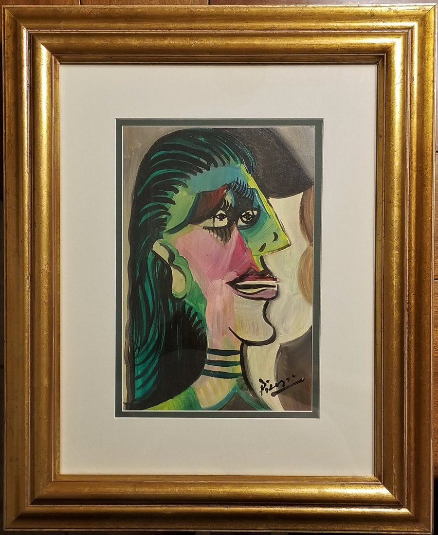 Pablo Picasso Cubism Women Portrait 1881-1973; Style of: This lot consists of a hand painted mixed media on paper in the style of Pablo Picasso (Spanish, 1881-1973). Picasso was a Spanish painter, sculptor, printmaker, ceramicist, stage designer, poet and p