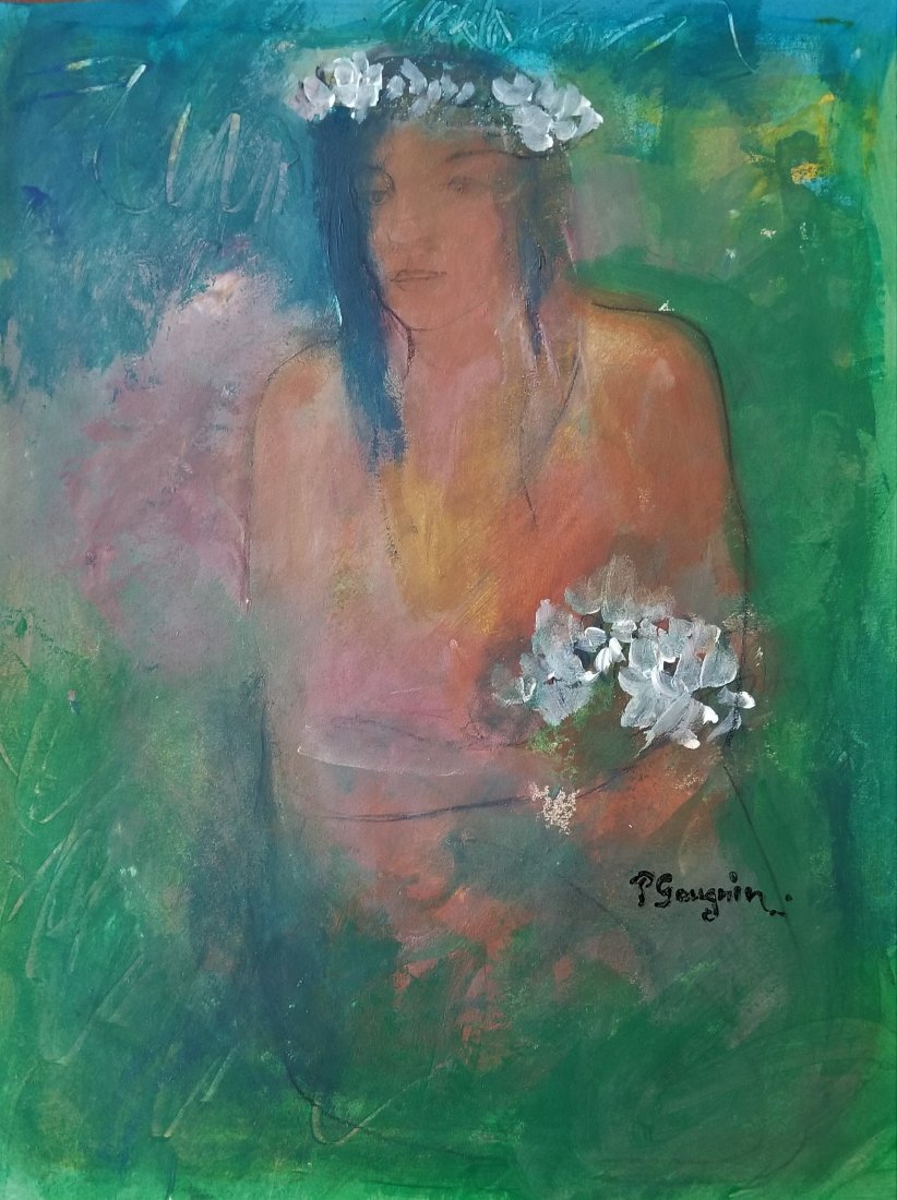 Paul Gauguin French Women Impressionist French Style of: This lot consists of a beautiful hand painted mixed media on paper illustration. It depicts a beautiful impressionist Portrait of a women In the Style of Paul Gauguin. Henri Paul Gauguin (7 June 1848 